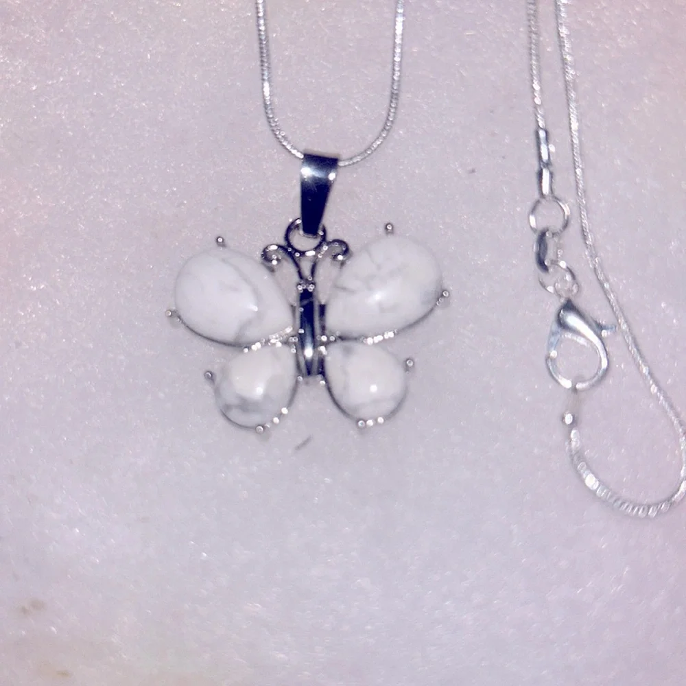 Boho hippie Howlite Crystal Butterfly Sterling Silver 18” Necklace